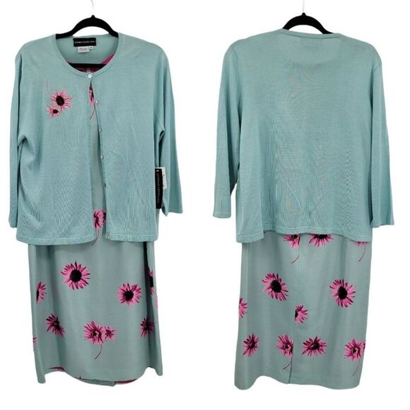 Donna Morgan Silk 2pc Dress Set Pastel Floral Sleeveless Sheath Cardigan Sz 14 - Picture 1 of 17